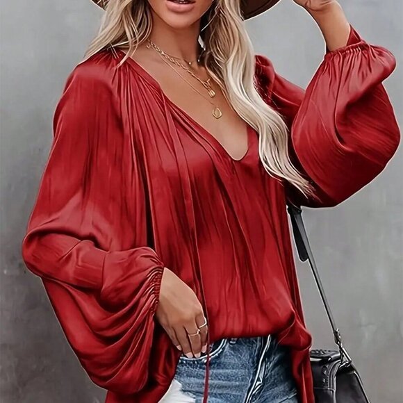 Red Casual Women's Lantern Sleeve Elegant Tie-Front Pleated Blouse - Picture 4 of 5